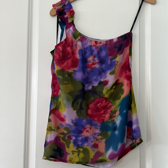 BEBE Watercolor Floral Print Silk One-Shoulder Blouse with Ruffle Detail - Picture 7 of 11